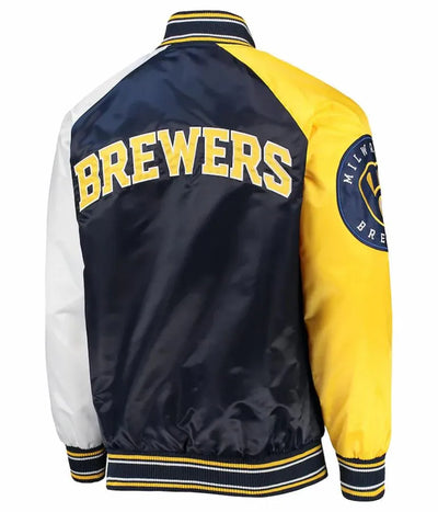 Milwaukee Brewers Reliever Navy Blue and Yellow Satin Full Snap Men's Jacket