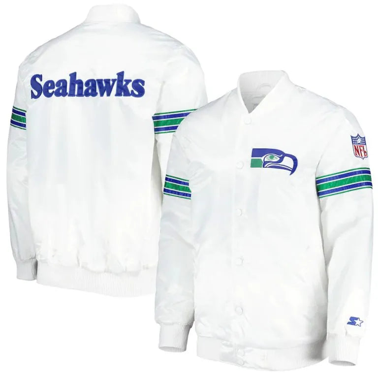 Seattle Seahawks The Power Forward Full-Snap Varsity White Satin Men's Bomber Jacket