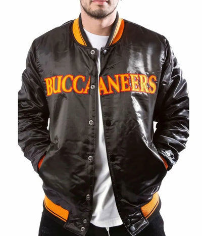 Tampa Bay Buccaneers Full-Snap Varsity Black Satin Men's Bomber Jacket