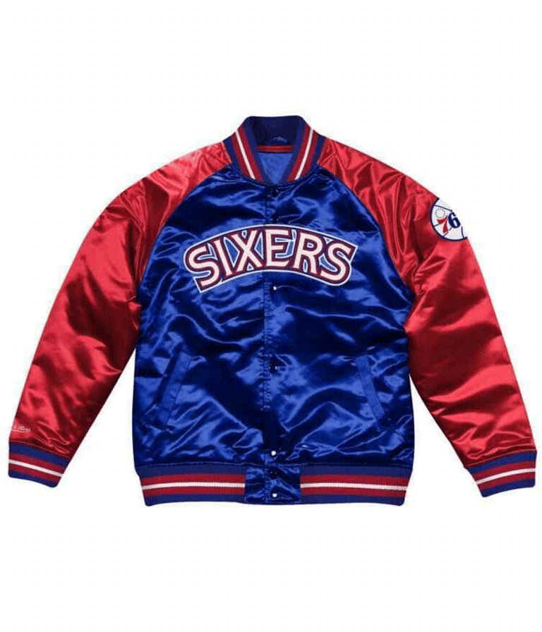 Philadelphia 76ers NBA  Full-Varsity Blue and Red Satin Men's Bomber Jacket