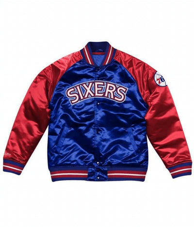 Philadelphia 76ers NBA  Full-Varsity Blue and Red Satin Men's Bomber Jacket