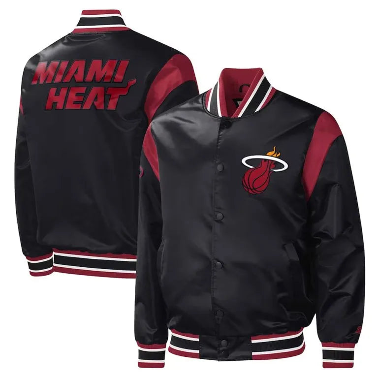 Miami Heat Force Play Full-Snap Varsity Black Satin Men's Bomber Jacket