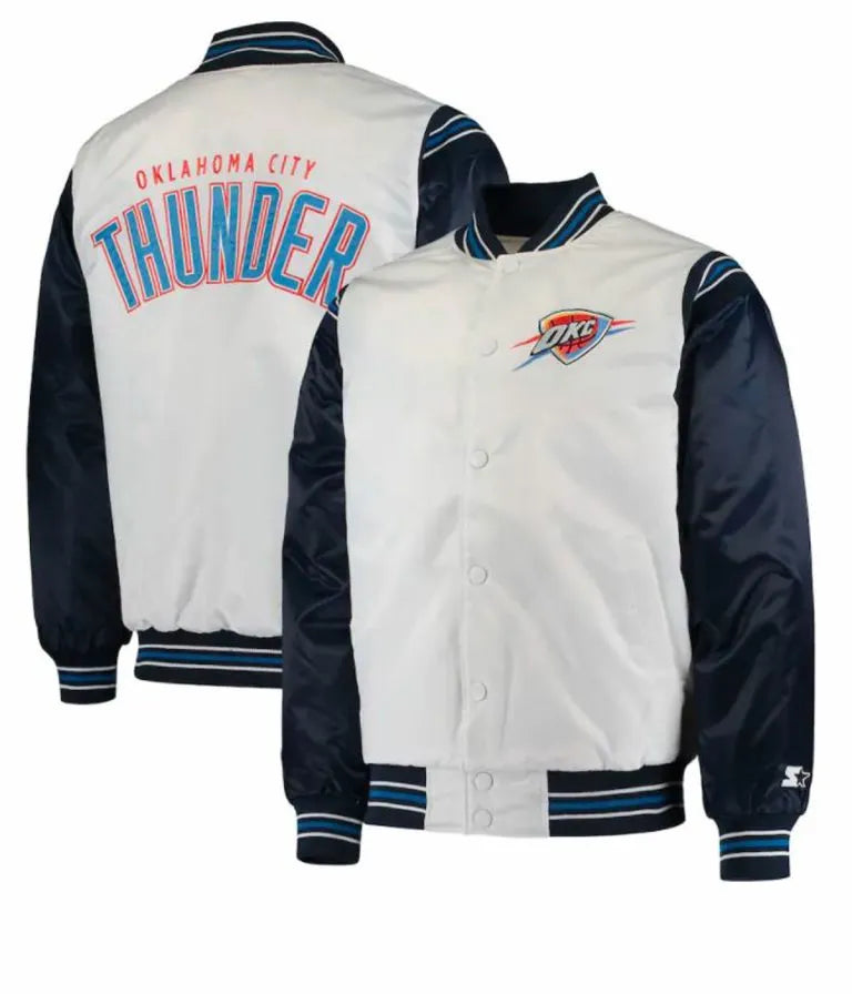 Oklahoma City Thunder Full-Snap Varsity White and Navy Blue Satin Men's Bomber Jacket