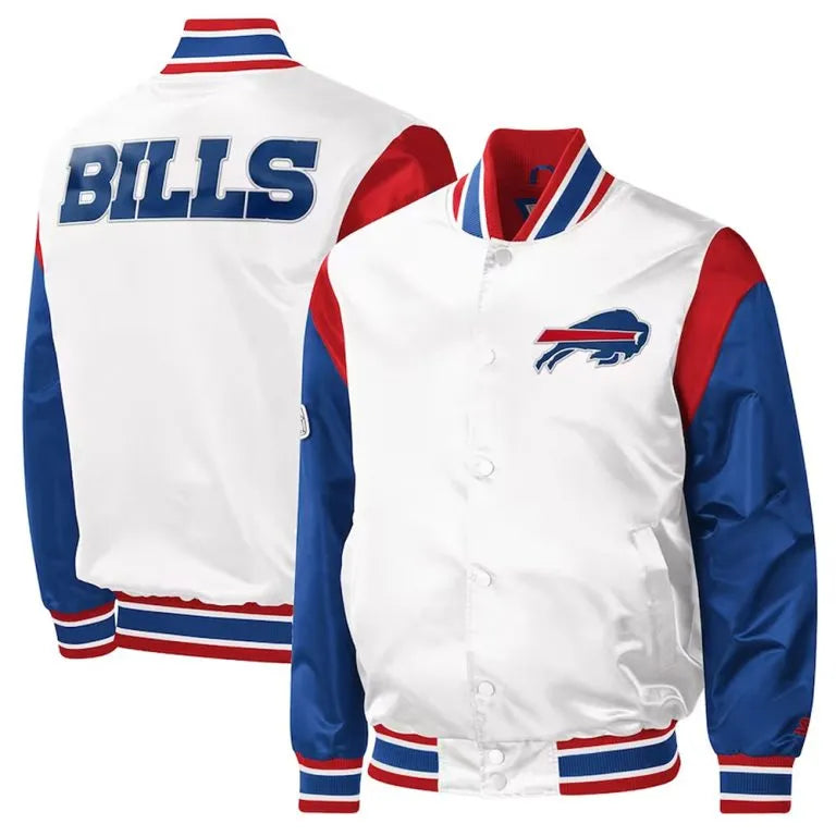 Buffalo Bills Throwback Warm Up Pitch Full-Snap Varsity Blue and White Satin Men's Jacket