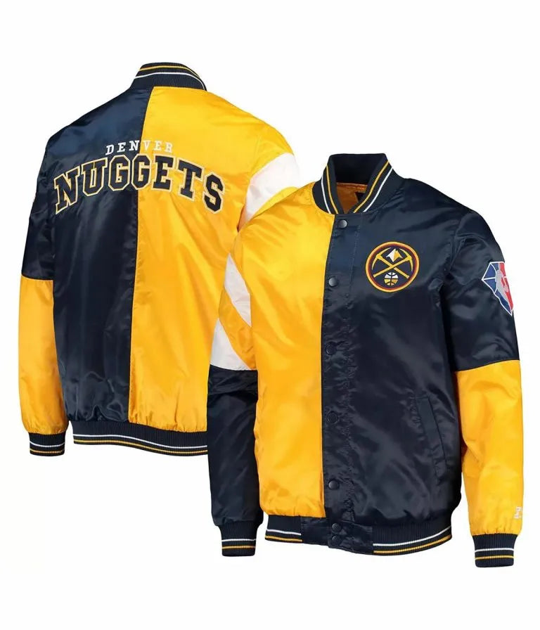 Denver Nuggets Color Block Full-Snap Varsity Navy Blue and Yellow Satin Men's Bomber Jacket