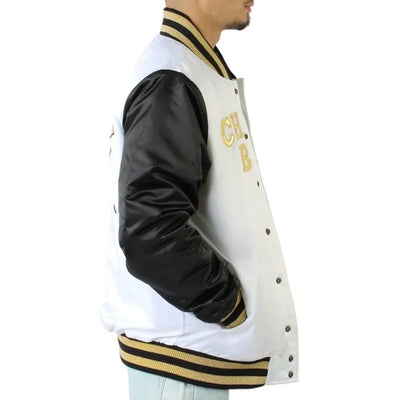 Chicago Bulls Full-Snap Varsity Black and White Satin Men's Bomber Jacket