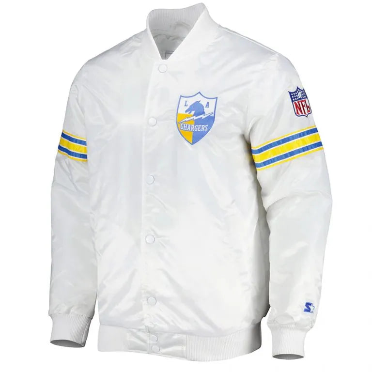 Los Angeles Chargers The Power Forward Full-Snap Varsity White Satin Men's Bomber Jacket