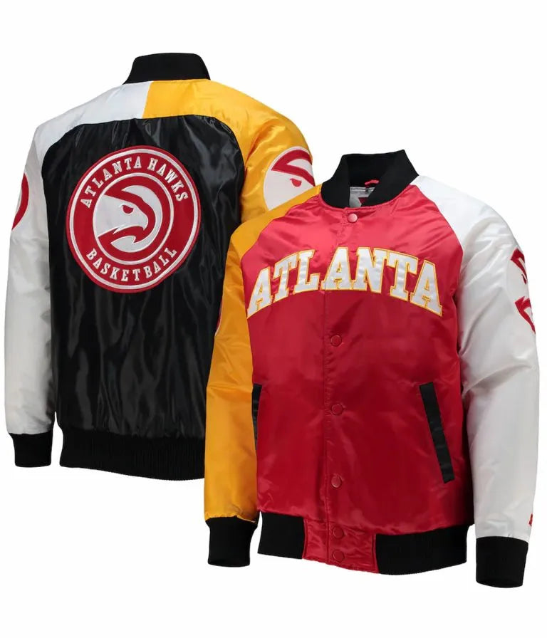 Atlanta Hawks Full-Snap Varsity Tricolor Satin Men's Bomber Jacket