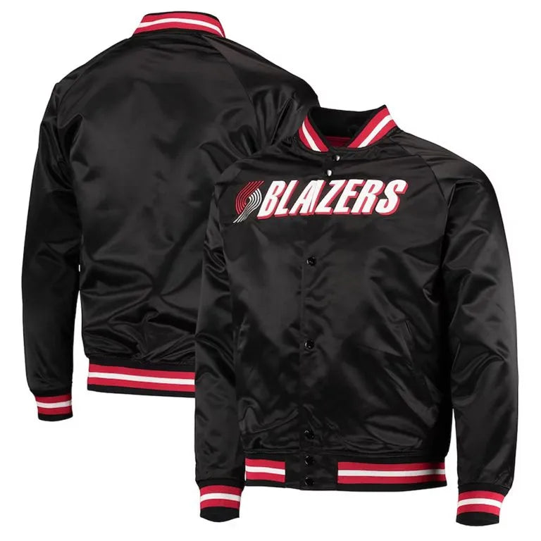 Portland Trail Blazers Throwback Wordmark Full-Snap Varsity Black Satin Men's Bomber Jacket