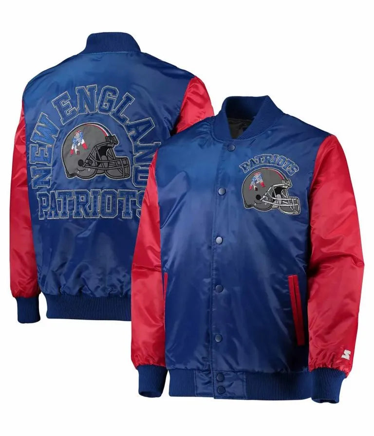 New England Patriots Locker Room Throwback Full-Snap Varsity Red and Royal Blue Satin Men's Bomber Jacket
