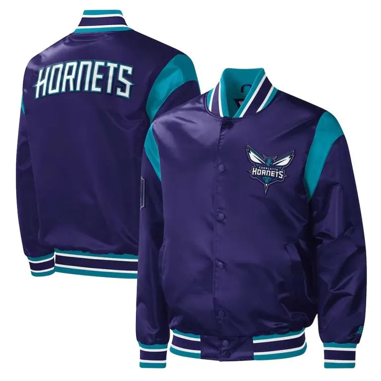 Charlotte Hornets Force Play Full-Snap Varsity Purple Satin Men's Bomber Jacket
