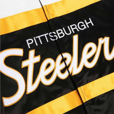 Pittsburgh Steelers Special Script Heavyweight Full-Snap Varsity Black and White Satin Men's Bomber Jacket