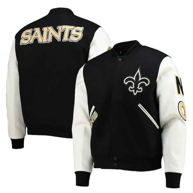 New Orleans Saints Logo Mash Up Black Wool & White Genuine Leather Sleeves Men's Varsity Letterman Jacket