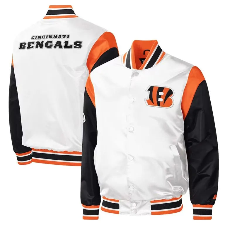 Cincinnati Bengals Throwback Warm Up Pitch Full-Snap Varsity Black & White Satin Men's Bomber Jacket