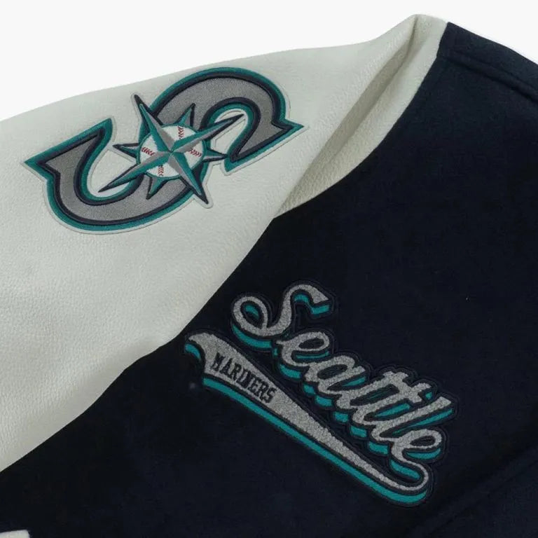 Seattle Mariners Script Tail Navy Blue Wool & White Leather Sleeves Varsity Men's Jacket
