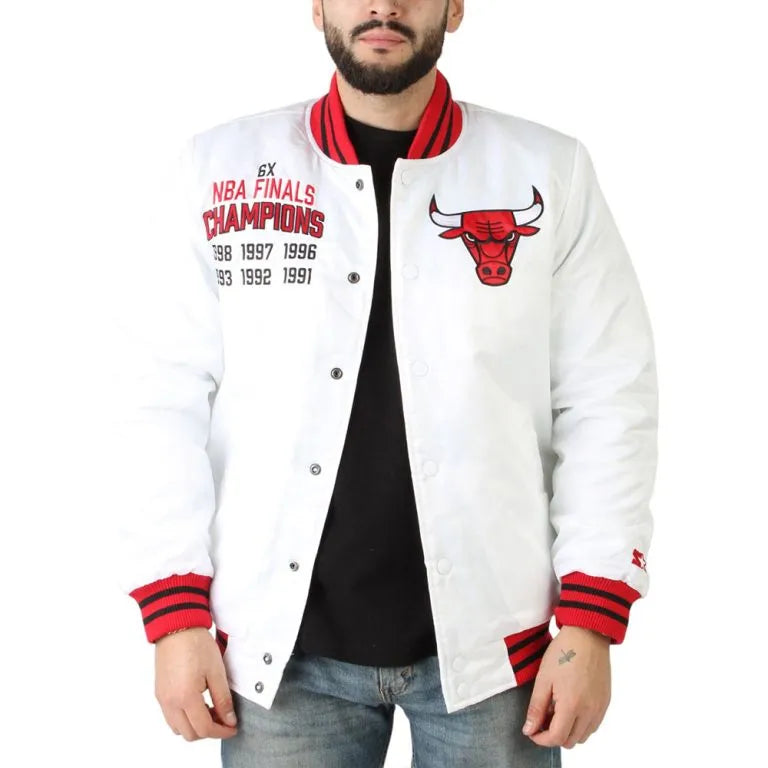 NBA Chicago Bulls Champions Full-Snap Varsity White Satin Men's Bomber Jacket