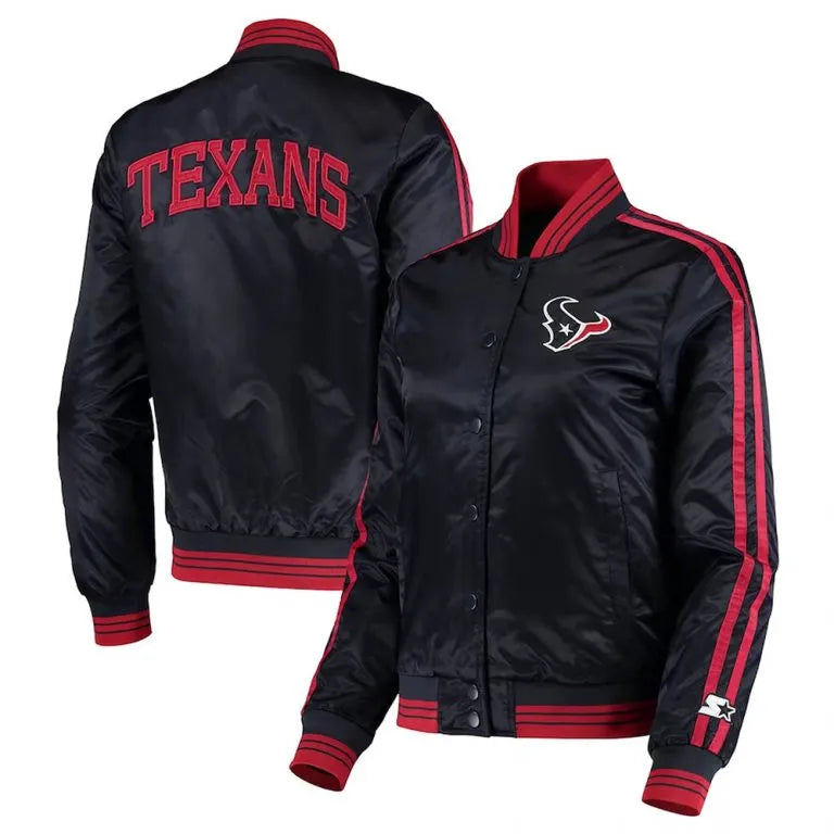Houston Texan Overtime Full-Snap Varsity Navy Blue Satin Men's Bomber Jacket