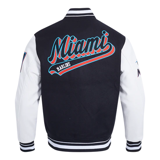 Miami Marlins Script Tail Varsity Letterman Black Wool & White Leather Men's Jacket