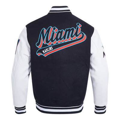 Miami Marlins Script Tail Varsity Letterman Black Wool & White Leather Men's Jacket