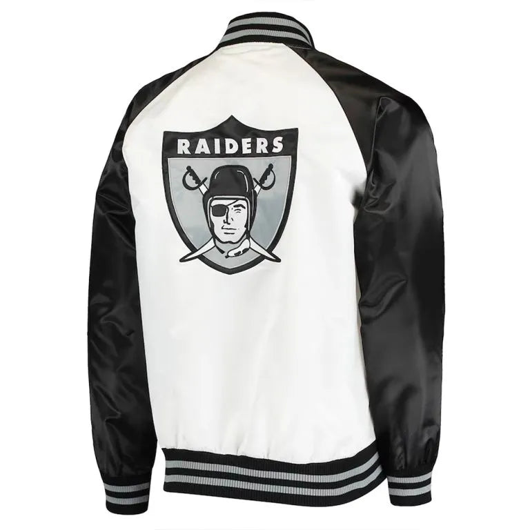 Los Angeles Raiders Clean Up Throwback Full-Snap Varsity White & Black Satin Men's Bomber Jacket