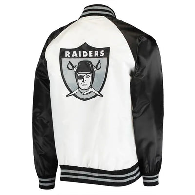 Los Angeles Raiders Clean Up Throwback Full-Snap Varsity White & Black Satin Men's Bomber Jacket