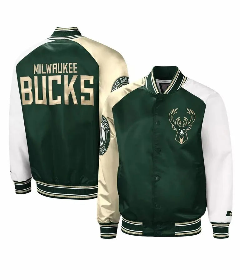 Milwaukee Bucks Hunter Full-Snap Varsity Tri Color Satin Men's Bomber Jacket