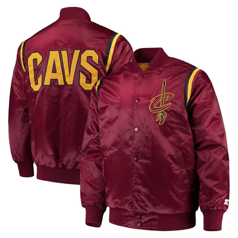 Cleveland Cavaliers Teddy Full-Snap Varsity Wine Color Satin Men's Bomber Jacket