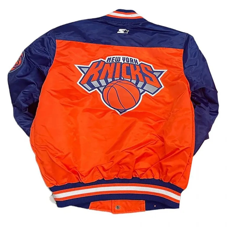 New York Knick The Tradition II Team Full-Snap Varsity Orange/Blue Satin Men's Bomber Jacket