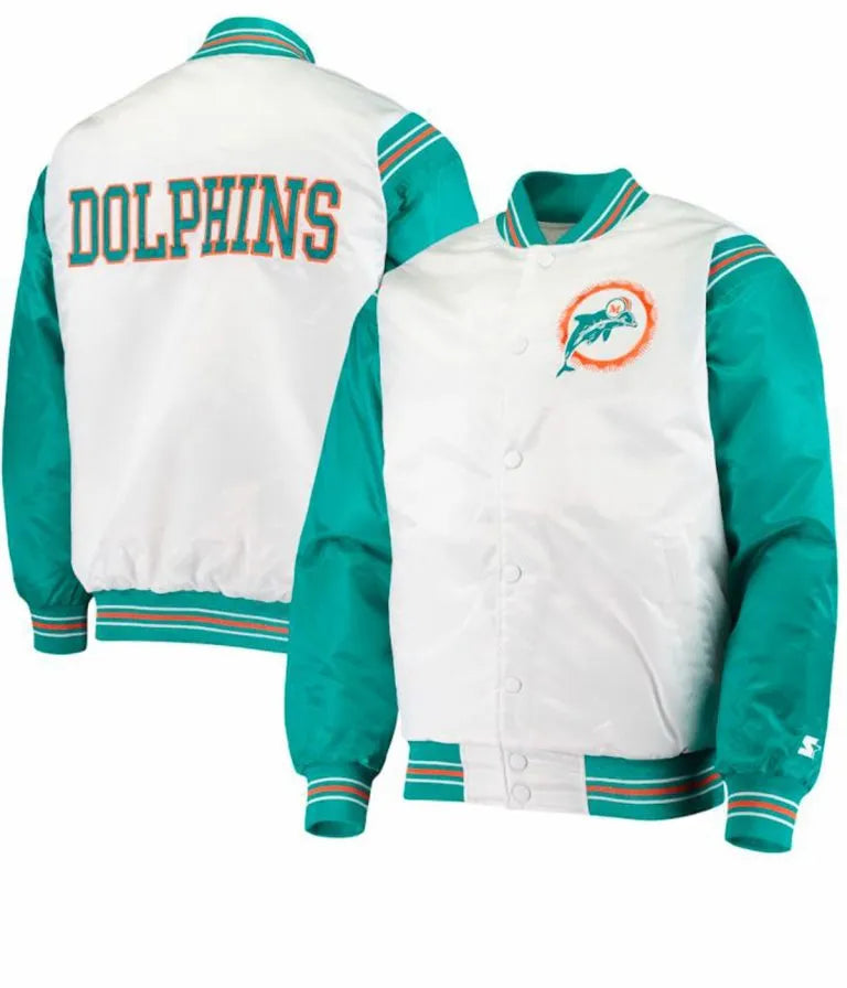 Miami Dolphins Full-Snap Varsity Green and White Satin Men's Bomber Jacket