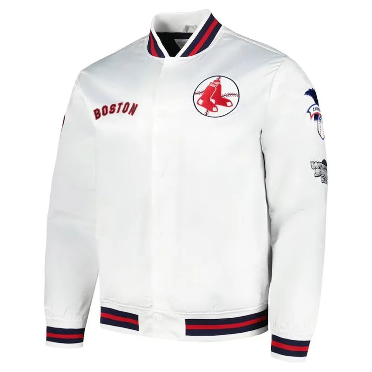 Boston Red Sox City Collection Full-Snap White Satin Men's Bomber Jacket
