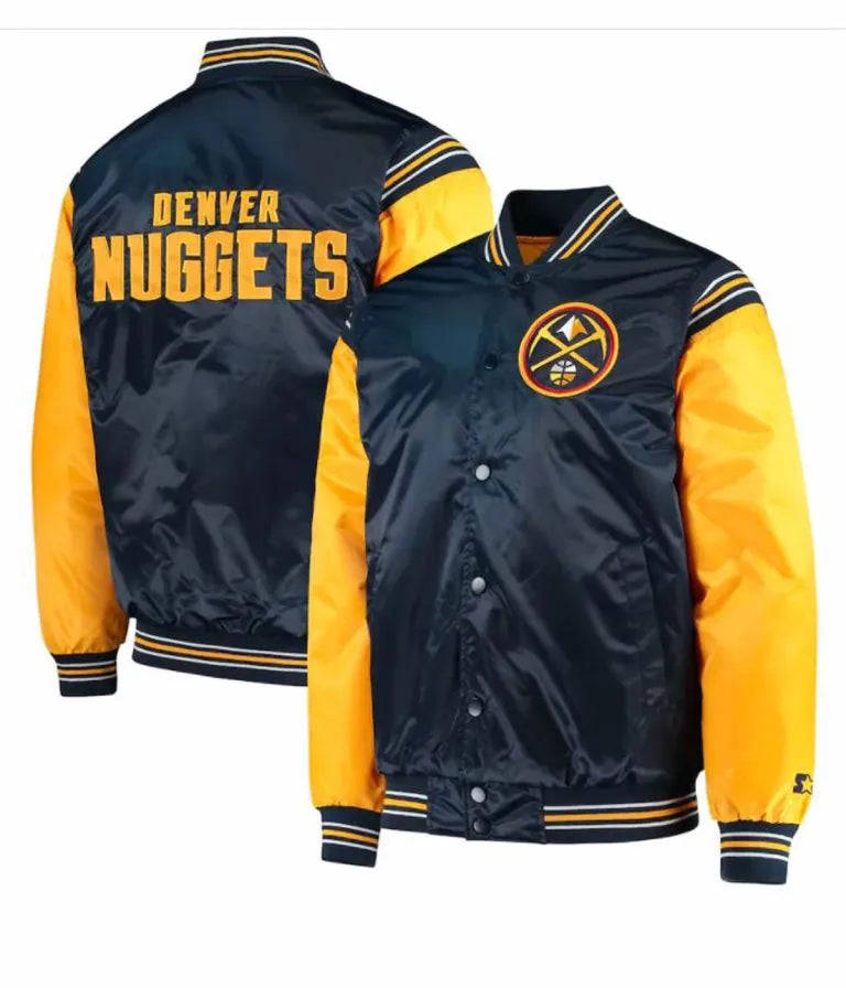 Denver Nuggets Full-Snap Varsity Blue and Yellow Satin Men's Bomber Jacket