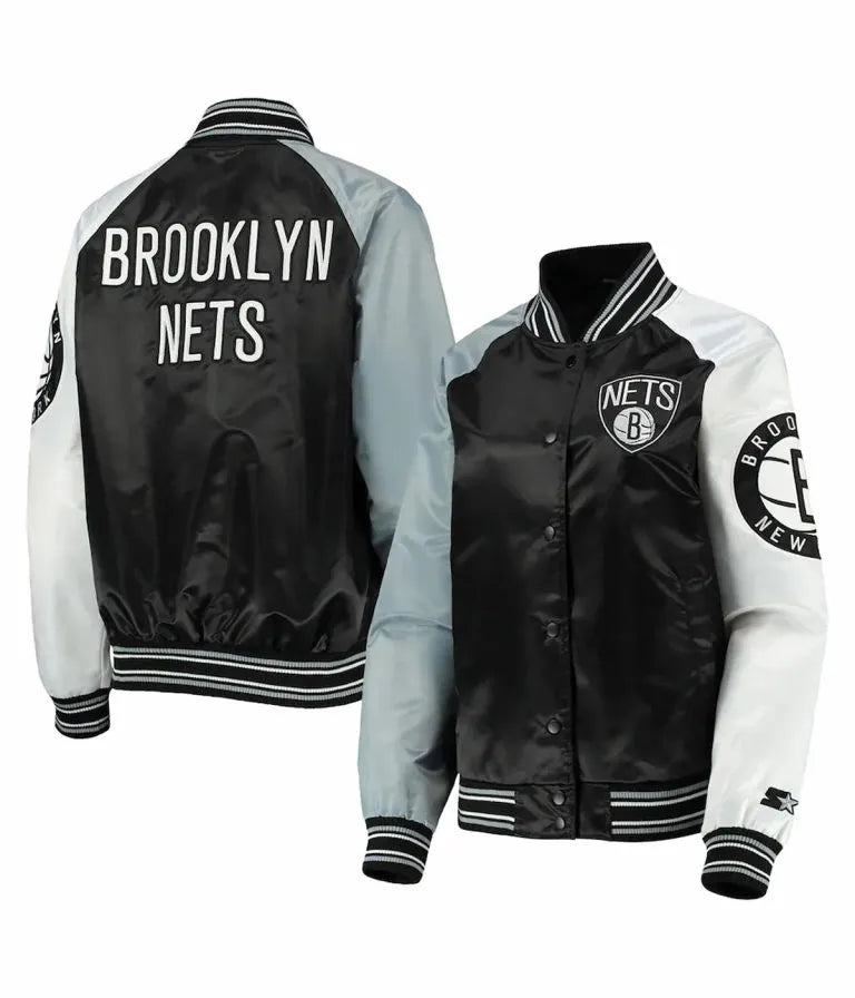 Brooklyn Nets Reliever Raglan Full-Snap Varsity Tri Color Satin Men's Bomber Jacket