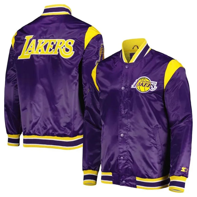 Los Angeles Lakers Force Play Full-Snap Varsity Purple Satin Men's Bomber Jacket