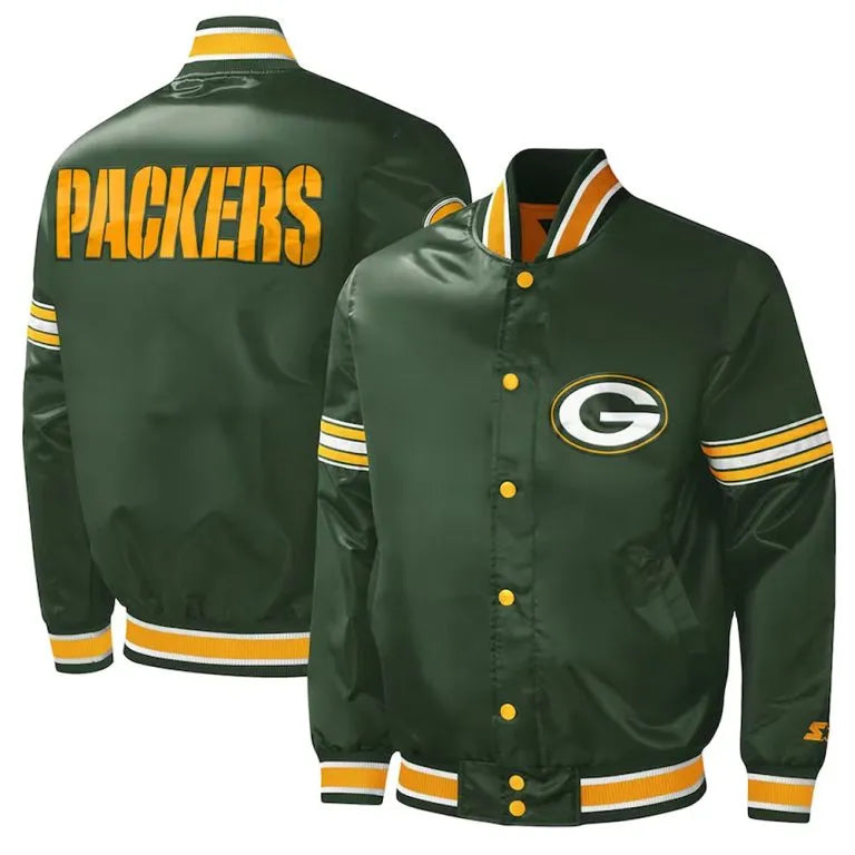 Green Bay Packers Midfield Full-Snap Varsity Green Satin Men's Bomber Jacket