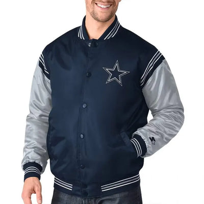 Dallas Cowboys Enforcer Full-Snap Varsity Navy/Silver Satin Men's Bomber Jacket