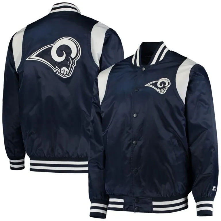 Los Angeles Rams The Prime Full-Snap Varsity Navy Blue Satin Men's Bomber Jacket