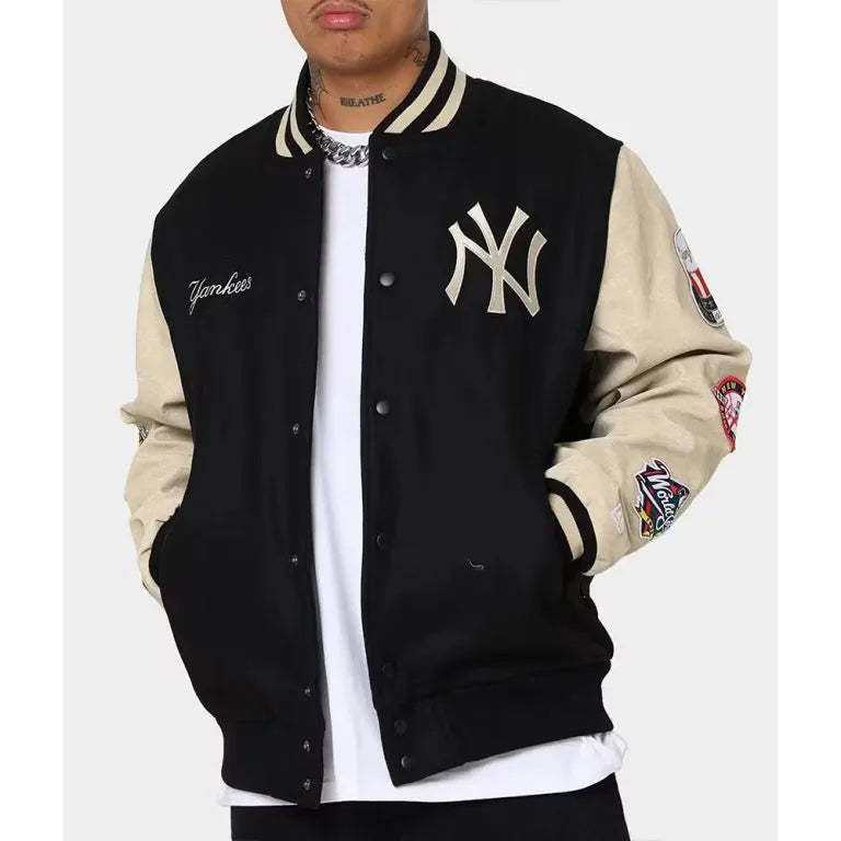 New York Yankees World Series Black Wool & Leather Full-Snap Varsity Jacket