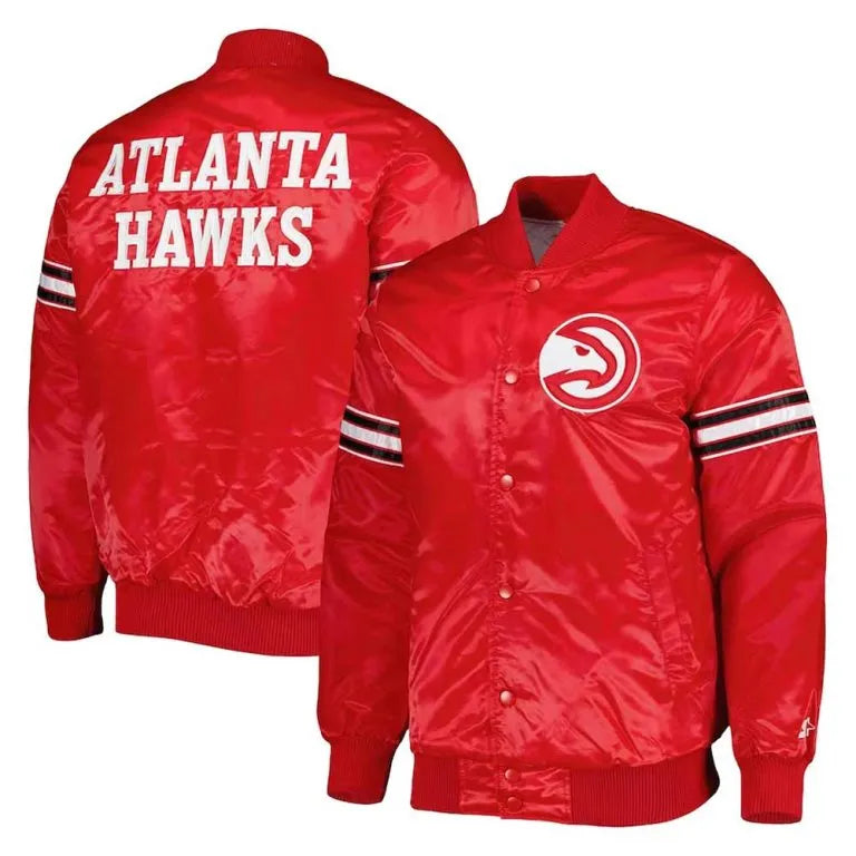 Atlanta Hawks Pick and Roll Full-Snap Varsity Red Satin Men's Bomber Jacket