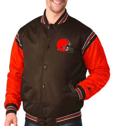 Cleveland Browns Full-Snap Varsity Red and Brown Satin Men's Bomber Jacket
