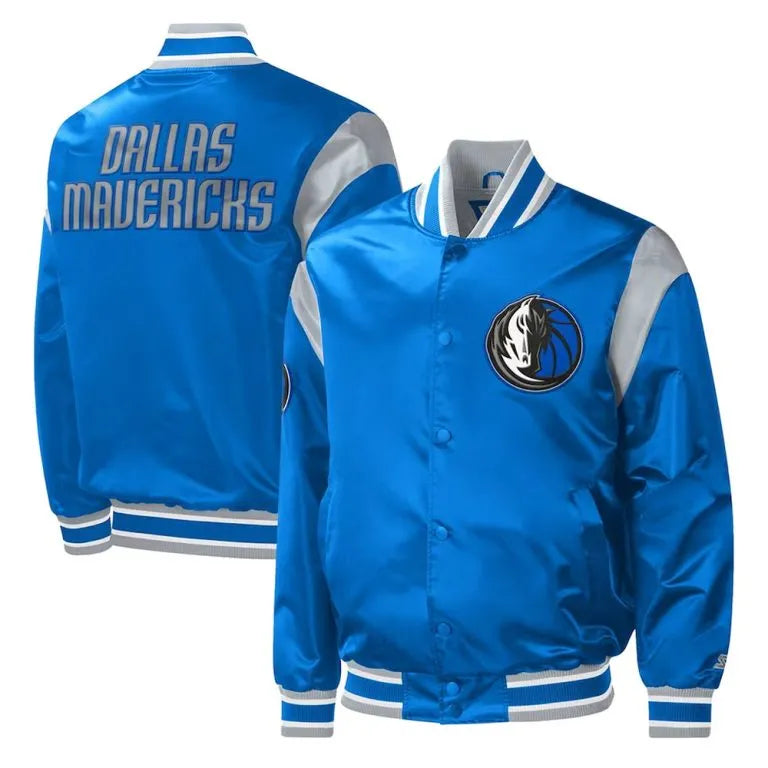 Dallas Mavericks Force Play Full-Snap Varsity Blue Satin Men's Bomber Jacket