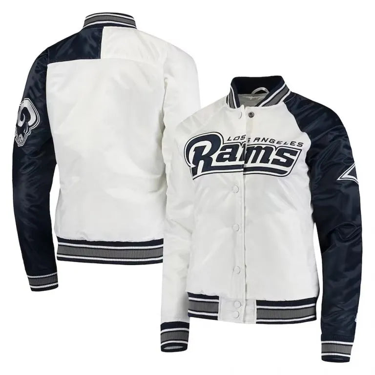 Los Angeles Rams Hometown Full-Snap Varsity White & Navy Blue Satin Men's Bomber Jacket