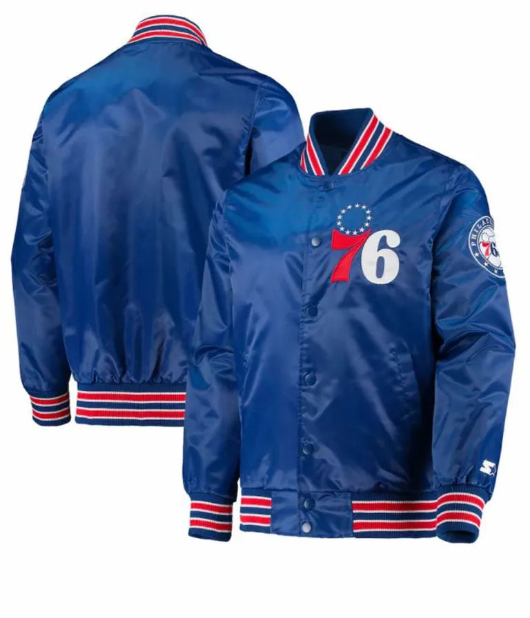 Philadelphia 76ers Vintage Full-Snap Varsity Red Satin Men's Bomber Jacket