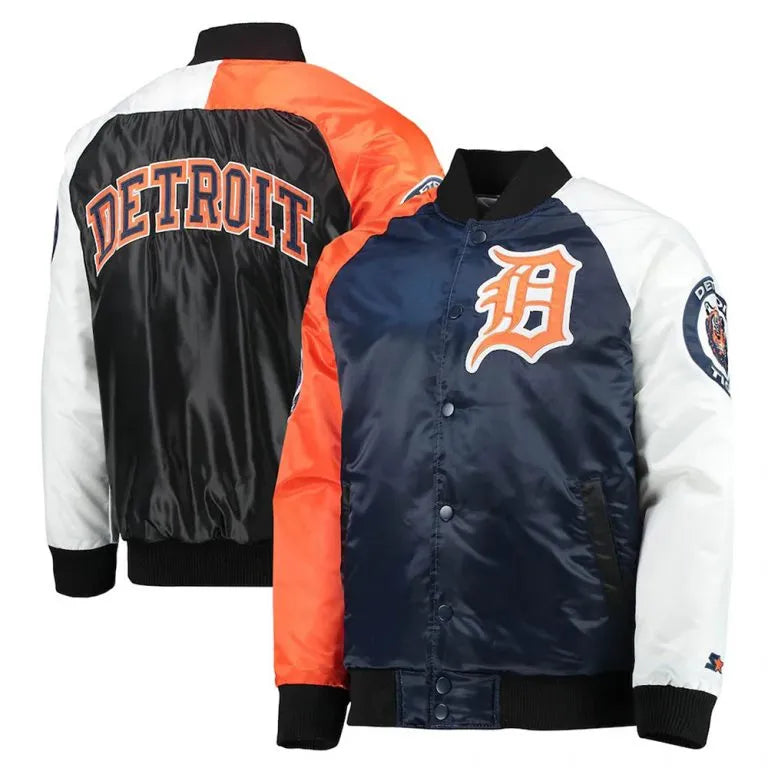 Detroit Tigers Tri-Color Navy Blue/Orange Satin Full-Snap Men's Jacket