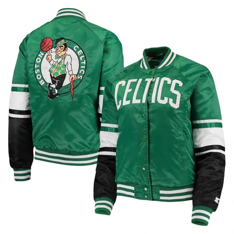 Boston Celtics Victory Full-Snap Varsity Kelly Green Satin Men's Bomber Jacket