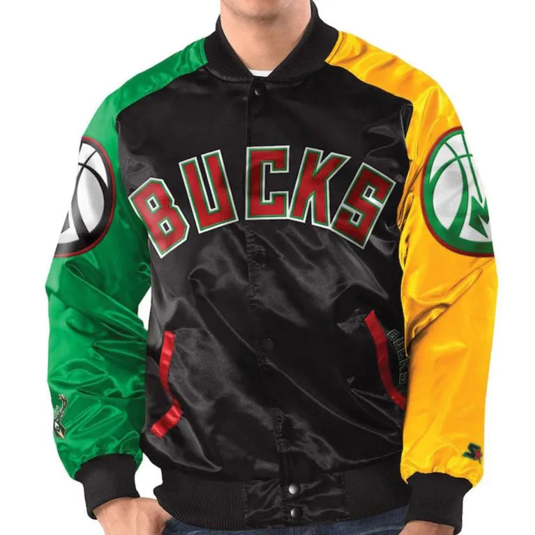 Milwaukee Bucks Ty Mopkins Full-Snap Varsity Multicolor Satin Men's Bomber Jacket