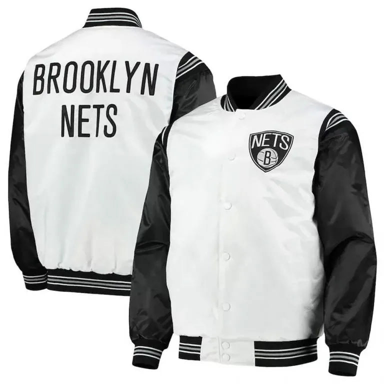 Brooklyn Nets Full-Snap Varsity White and Black Satin Men's Bomber Jacket