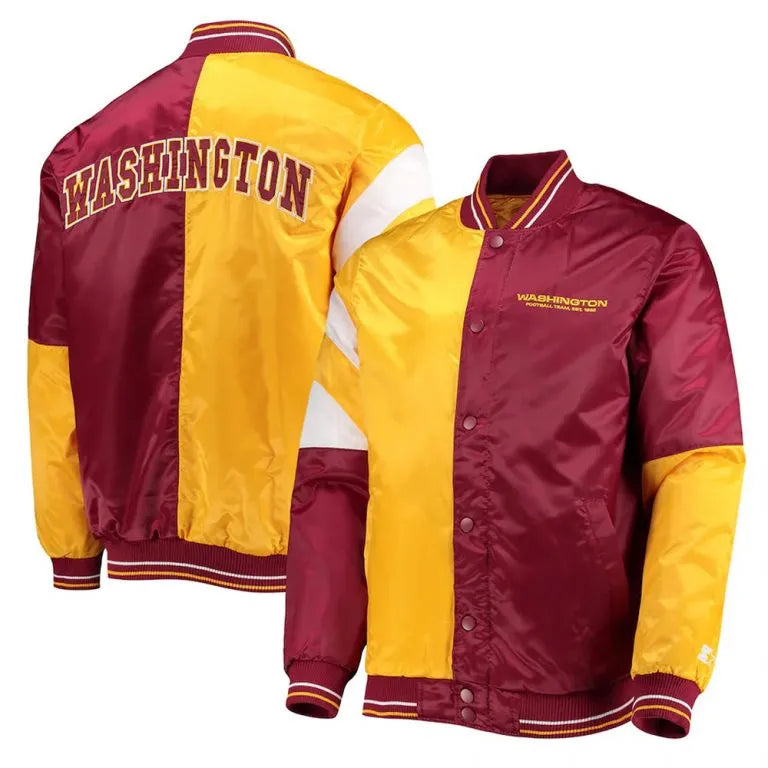 Washington Commanders Leader Full-Snap Varsity Burgundy/Yellow Satin Men's Bomber Jacket
