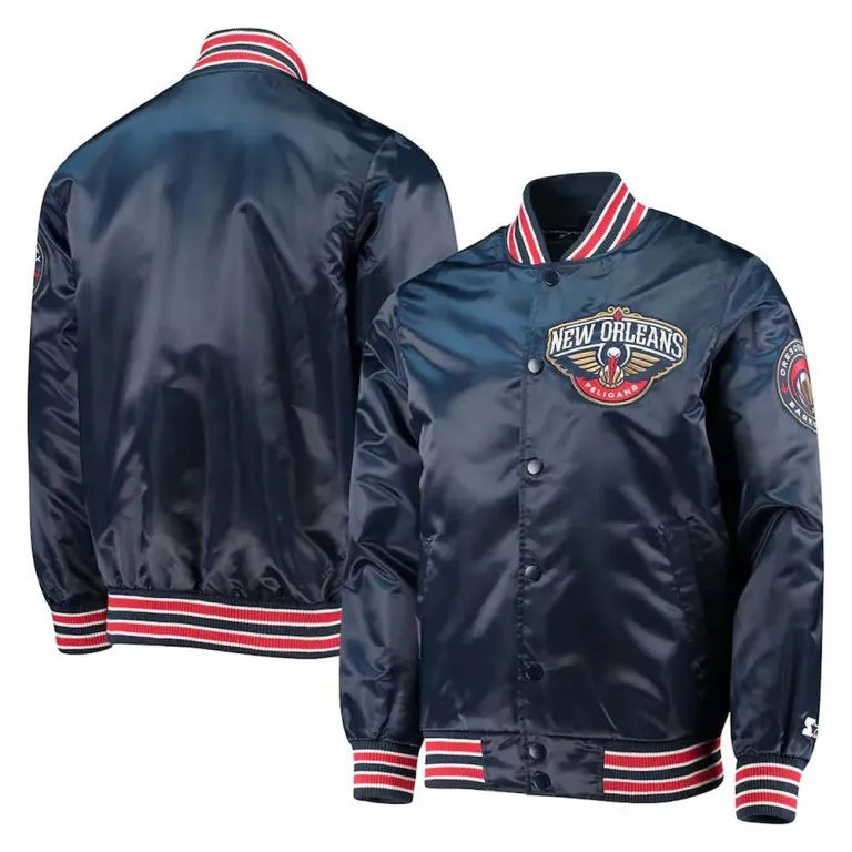 New Orleans Pelicans Diamond Classic Full-Snap Varsity Navy Blue Satin Men's Bomber Jacket