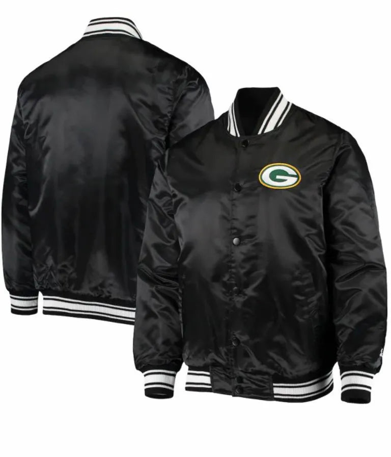 Green Bay Packers Full-Snap Varsity  Black Satin Men's Bomber Jacket