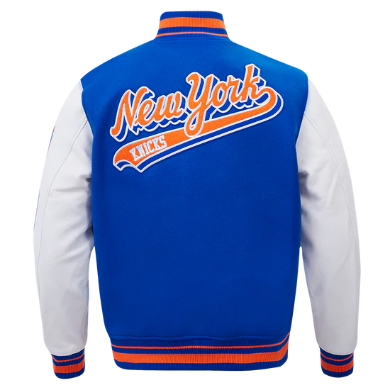 New York Knicks Script Tail Varsity Royal Blue Wool & White Genuine Leather Sleeves Men's Letterman Jacket